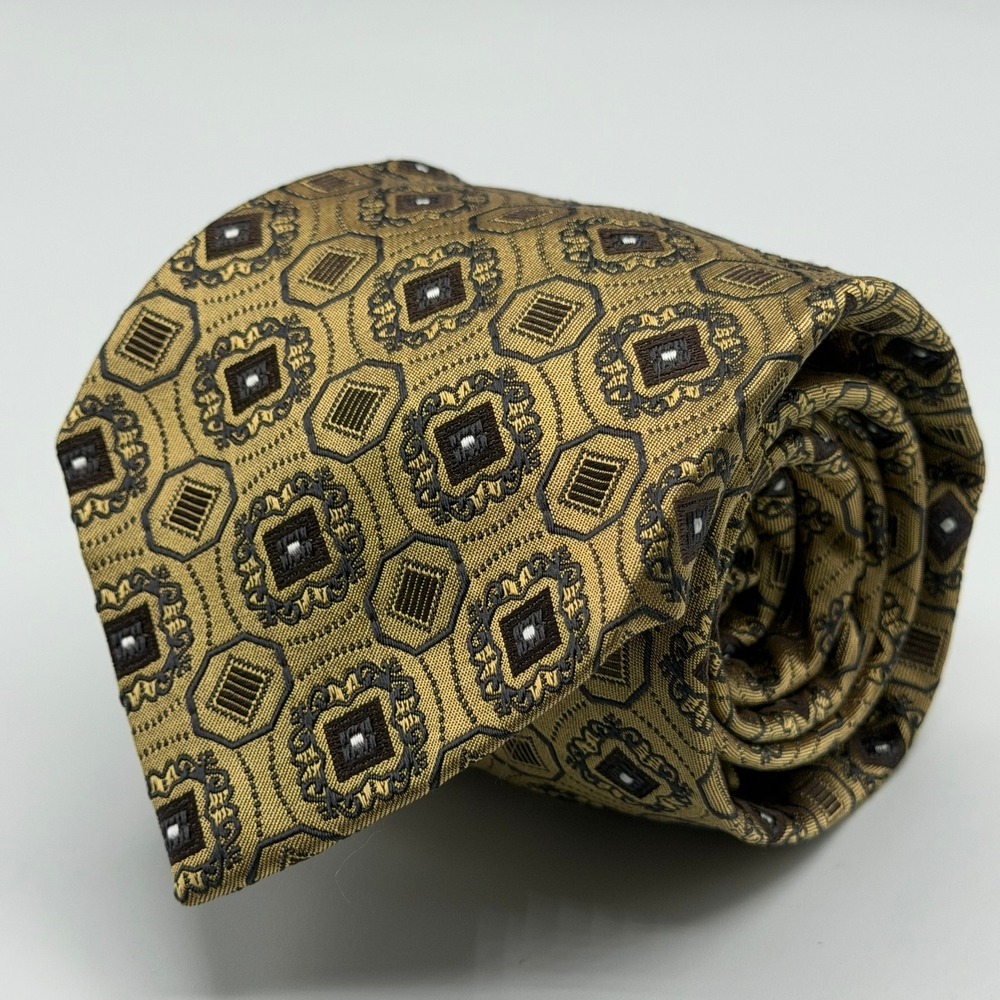 Jos A Bank Signature Collection Gold Brown Geometric Medallion Silk Necktie T4